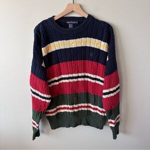 Vintage 90s Nautica Color Block Striped Cable Knit Dad Sweater Sz L Cotton